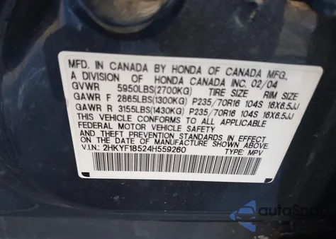 2004 Honda Pilot Ex-L z USA, uszkodzony, nr VIN 2HKYF18524H559260